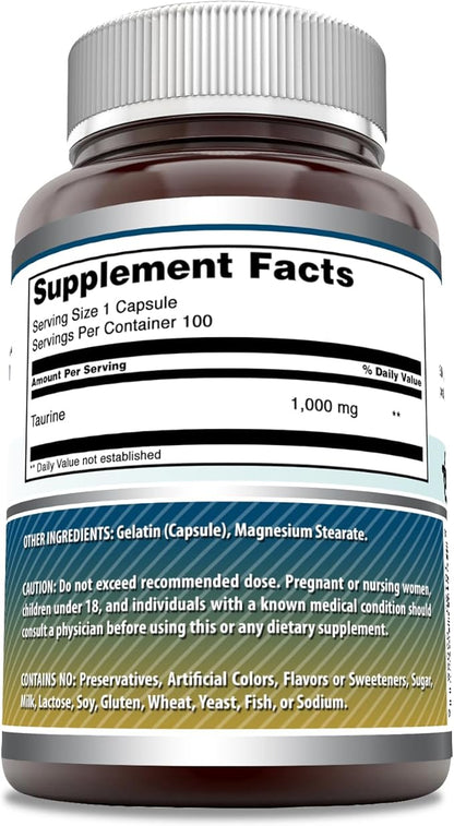 Amazing Formulas Taurine Amino Acid Supplement | 1000 Mg Per Serving | 100 Capsules | Non-GMO | Gluten-Free | Made in USA | Pack of 2