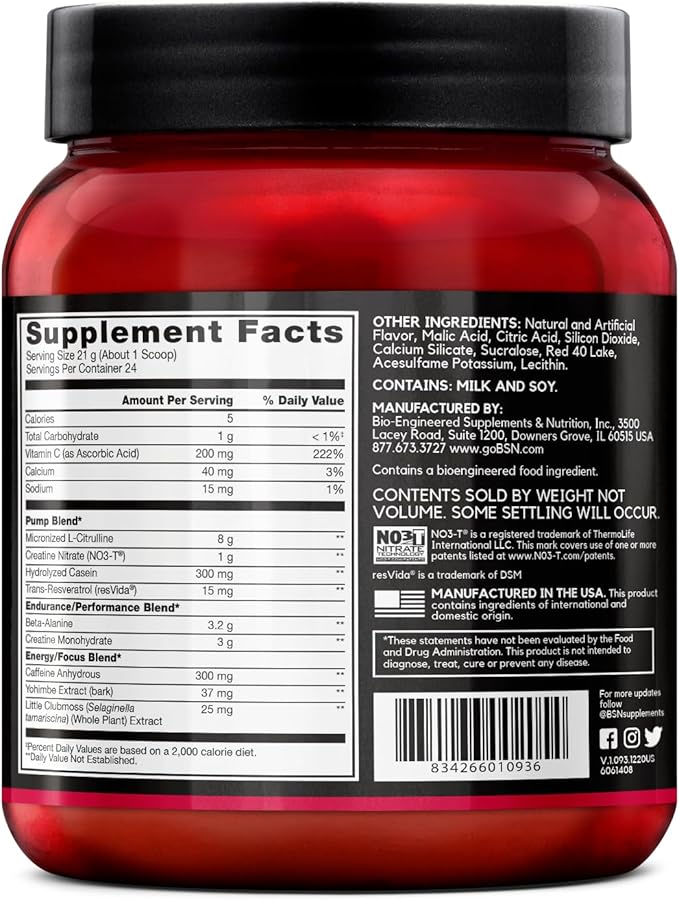 BSN N.O.-XPLODE Vaso Pre Workout Powder with 8g of L-Citrulline and 3.2g Beta-Alanine and Energy, Flavor: Cherry Bomb, 24 Servings