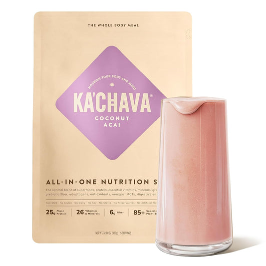 Ka’Chava Whole Body Meal Shake Coconut Acai – Vegan Protein Powder with 85+ Superfoods & Greens – Plant-Based Meal Replacement with Probiotics & Digestive Enzymes – Gluten & Dairy Free (15 Servings)