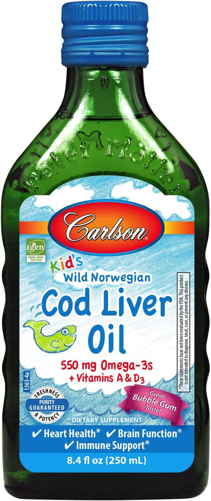 Carlson - Kid's Cod Liver Oil, 550 mg Omega-3s, Vitamins A & D3, Wild Norwegian, Bubble Gum, 250 mL