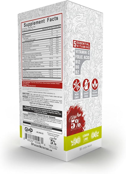 5% Nutrition Hydrate Stick Hydration Packets | Sport Electrolyte Powder Mix Packets with Coconut Water (Lemon Lime) (10 Count)