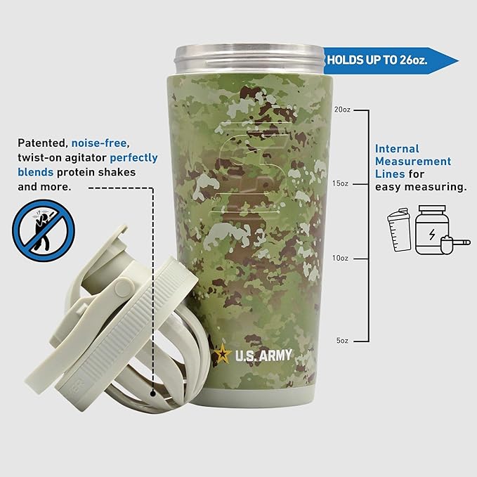 IS ICESHAKER Ice Shaker Army Camo Stainless Steel Protein Shaker Bottle, Insulated Gym Water Bottle, Keeps Drinks Ice-Cold for 30+ Hours, As Seen on Shark Tank