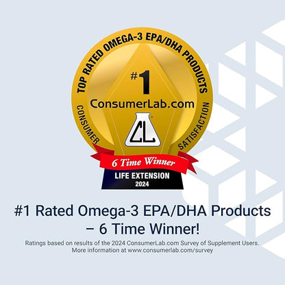 Life Extension Super Omega-3 EPA/DHA Fish Oil, Sesame Lignans & Olive Extract – Heart Health, Brain Health, Inflammation Health Support, Gluten-Free, Easy to Swallow, Non-GMO, 240 Softgels