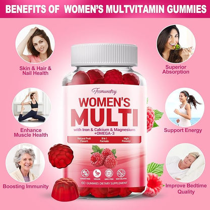 Sugar-Free Womens Multivitamin Gummies - High Absorption Multivitamin for Women Gummy with Omega-3, Astaxanthin, Calcium, Iron, Vitamin A, C, D3, K2, E, B6, B12 - Supports Skin, Hair, Energy, Immune