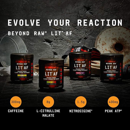 BEYOND RAW LIT AF | Advanced Formula Clinical Strength Pre-Workout Powder | Contains Caffeine, L-Citruline, and Nitrosigine | Gummy Worm | 20 Servings