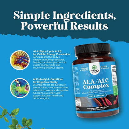 Pure Alpha Lipoic Acid Supplement with Acetyl L-Carnitine - Natural ALA ALC Amino Acids Boost Memory Support Mental Performance and Raise Energy Levels Metabolism - 60 Capsules