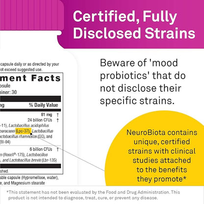 NeuroScience Mood Probiotic for Women & Men - NeuroBiota Mood Support Supplement with Probiotics for Digestive Health, Immune Support & Healthy GABA Activity - Nourish the Gut-Brain Axis (30 Capsules)