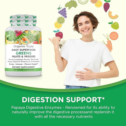 Organic Veda Superfood Greens Fruits & Vegetables 300 Capsules | 30 Daily Organic Fruits & Veggies with Chlorophyll, Papaya Enzymes, Acerola Vitamin C, Turmeric, Beet, Moringa, Green Tea Extract