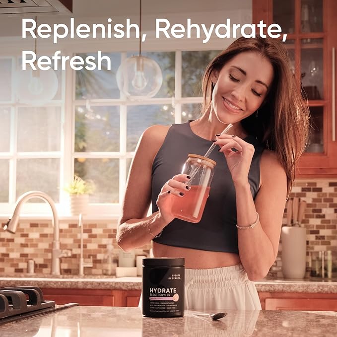 Sports Research Hydrate Electrolytes Powder - Sugar-Free & Naturally Flavored with Vitamins, Minerals, and Coconut Water - Supports Hydration - Passion Fruit