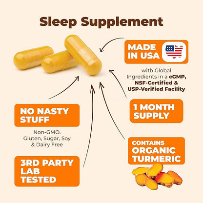 Turmeric, Melatonin & Valerian Root Sleep Aid Supplement. Natural Sleep Aid for Adults with L-Theanine, Ginger & Black Pepper Extract. Melatonin 3mg, Valerian Root Capsules. Relaxation Support. 2-Pack