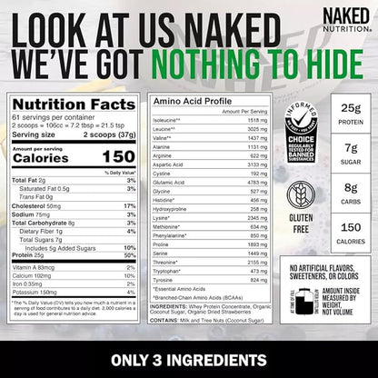 NAKED Strawberry Whey Protein - All Natural Grass Fed Whey Protein Powder + Dried Strawberries + Coconut Sugar- 5lb Bulk, GMO-Free, Soy Free, Gluten Free. Aid Muscle Growth & Recovery - 61 Servings