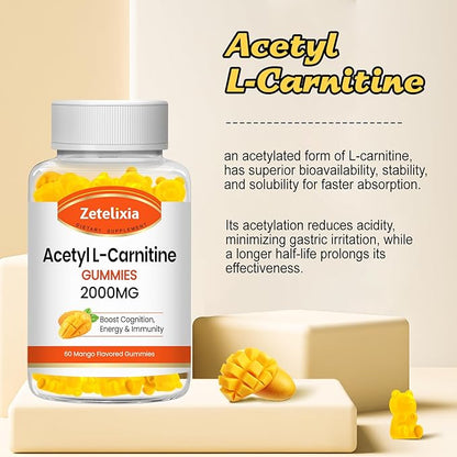 2 Pack Acetyl L-Carnitine Gummies 2000mg, L-Carnitine Supplement for Promote Fatty Acids Oxidation, Nutrition Supplement for Boost Energy, Immunity & Metabolism, Mango Flavor, 120 Count