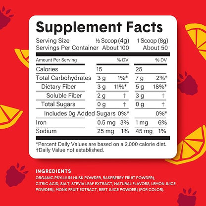 Bellway Super Fiber Powder + Fruit (5 Pack), Sugar Free Organic Psyllium Husk Powder Fiber Supplement for Regularity, Bloating Relief & Gut Health, Non-GMO, Plant-Based, Raspberry Lemon (250 Servings)