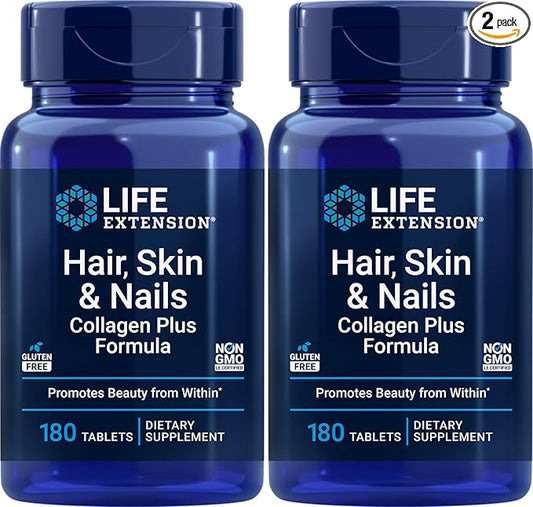 Life Extension Hair, Skin & Nails Collagen Plus Formula, 180 Tablets (Pack of 2)