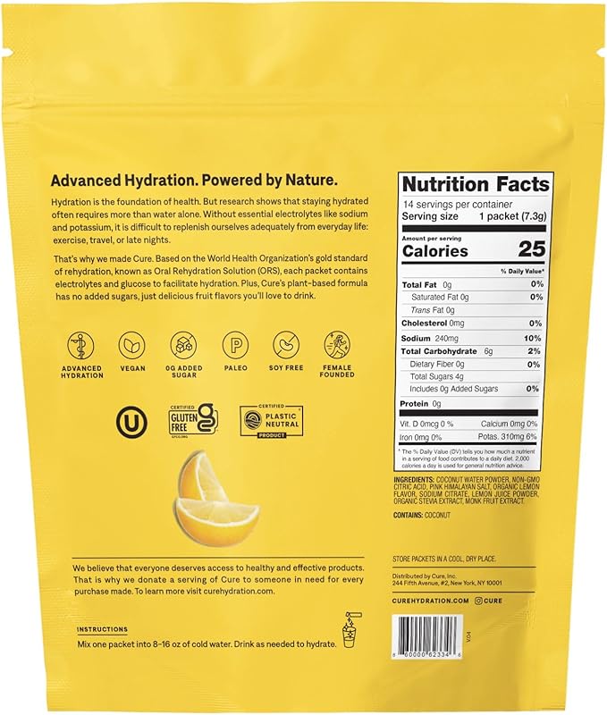 Cure Hydrating Plant Based Electrolyte Mix | Powder for Dehydration Relief | Made with Coconut Water | Non-GMO | No Added Sugar | FSA & HSA | Vegan | Paleo | Pouch of 14 Packets - Lemonade