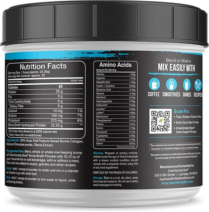 Intentionally Bare Bone Broth Protein Powder Chocolate - 20g Collagen Protein Powder for Skin Hair Joints & Gut - Keto Protein Powder with Collagen Peptide - Chocolate Collagen Powder - 20 Servings