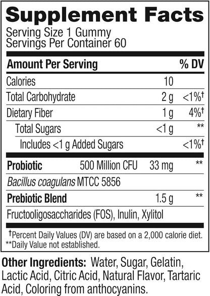 OLLY Probiotic + Prebiotic Gummy, Digestive Support and Gut Health, 500 Million CFUs, Fiber, Adult Chewable Supplement for Men and Women, Peach, 60 Day Supply - 60 Count