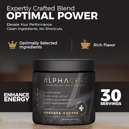 Alphacino Apex - Instant Coffee Powder for the Robust Vigorous Men - Muscle Growth, Sharp Focus, Enhanced Stamina - Ashwagandha KSM-66, Lion’s Mane Mushroom, Black Maca Extract, S7-30SV (4.68 oz)