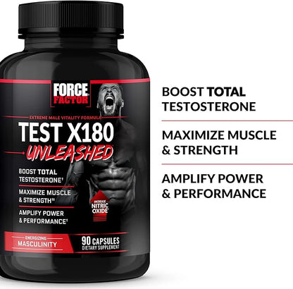 FORCE FACTOR Test X180 Unleashed Testosterone Booster for Men to Build Muscle, Increase Strength, and Improve Performance, Testosterone Supplement for Men’s Health, 90 Capsules