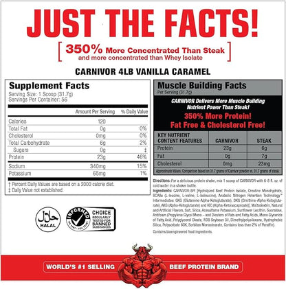 MuscleMeds Carnivor Shred Fat Burning Hydrolized Beef Protein Isolate, 0 Lactose, 0 Sugar, 0 Fat, Halal Certified, Vanilla Caramel, 4 Pound, 56 Servings