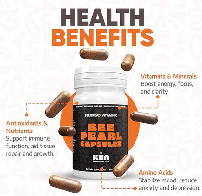 Bee Bread Capsules - Fermented Bee Pollen & Honey, 100% Natural Multivitamin, Superfood for Energy, Metabolism, Sleep, Recovery, Immunity | Rich in Vitamin C, B, Amino Acids, Antioxidants, Minerals