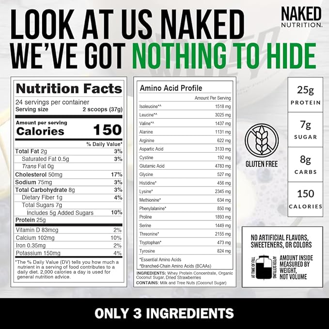 Naked Strawberry Whey Protein Powder, Only 3 Ingredients, 25g Grass Fed Whey Protein Powder, Aid Muscle Growth & Recovery - 24 Servings