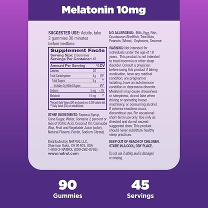 Natrol Melatonin Gummies, Sleep Support for Adults, 10 mg Melatonin Supplement for Sleeping, 90 Strawberry-Flavored Gummies, Up to a 45 Day Supply