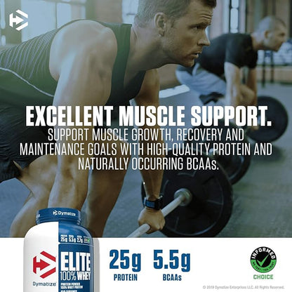Dymatize Elite 100% Whey Protein Powder, 25g Protein, 5.5g BCAAs & 2.7 L-Leucine, Quick Absorbing & Fast Digesting for Optimal Muscle Recovery, Rich Chocolate, 5 Pound, 63 Servings