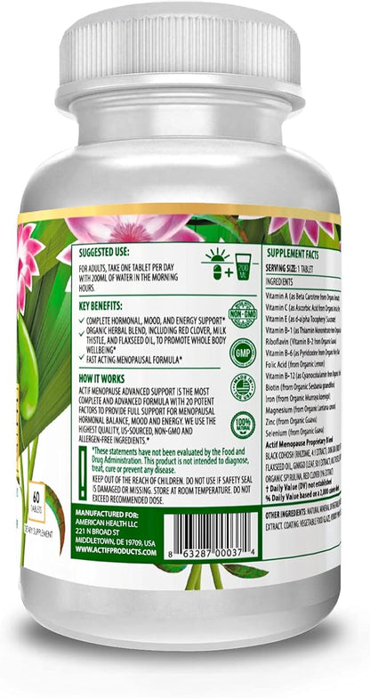 Actif Menopause Advanced Support with 20+ Organic Vitamins and Herbs - Relieves Hot Flashes, Night Sweats - Non GMO, Fast Acting, Made in USA, 60 Count