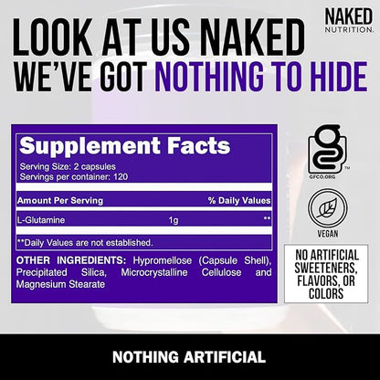 Naked L-Glutamine Muscle Recovery Capsules, 1000mg, 240 Count, Made in The USA, Non-GMO, Gluten and Soy Free