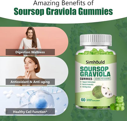 2 Pack Soursop Graviola Gummies - 3000mg Extra Strength Soursop Leaves Supplement with Vitamin C, Zinc - Digestive Aid, Immune Support & Antioxidant - Sugar-Free, Non-GMO, Vegan, 120 Counts