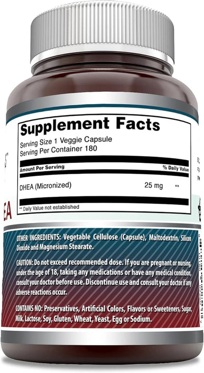 Amazing Formulas Micronized DHEA 25mg 180 Veggie Capsules Supplement | Non-GMO | Gluten Free | Made in USA | Ideal for Vegetarians | Dehydroepiandrosterone Capsules for Men & Women (1 Pack)