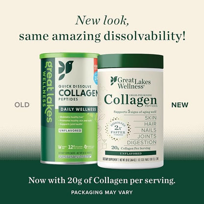 Great Lakes Wellness Collagen Peptides Powder for Skin, Hair, Nails, Joints & Digestion - Unflavored - Quick Dissolve Hydrolyzed, Non-GMO, Keto, Kosher - 16oz - 4 Pack - Packaging May Vary