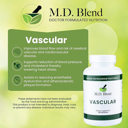 M.D. Vascular - Expert Formulated Supplement - Vascular & Overall Wellness Goals - Proper Flow, Numbers, Balance - Powerful Garlic, Ginger, L-Arginine, Pomegranate - 120 Capsules (Pack of 1)