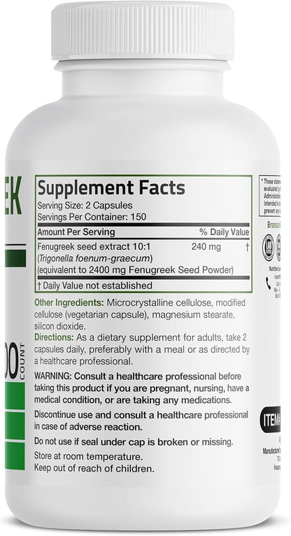 Bronson Fenugreek Seed Powder Capsules Extra Strength, Trigonella Foenum-Graecum, Non-GMO, Soy-Free, Vegetarian, 300 Capsules
