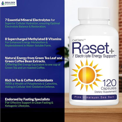 Reset+ 7 Energy Electrolytes, Methyl B12, Methyl Folate, Pink Salt, Magnesium, Super B Complex, Green Tea & Green Coffee Extracts, Biotin, Zinc, 72 Trace Minerals