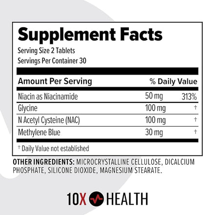 10X Health Superhuman Energy Pharmaceutical Grade Methylene Blue Tablets with Glycine, NAC, & Niacinamide - Boost Energy, Enhance Focus, & Cognitive Support - Non-GMO (60 Tablets)