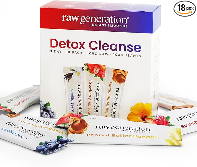 Raw Generation Instant Smoothie Detox Gut Cleanse | Healthy Weight Management | 100% Raw Natural Juice - No Added Sugar | Convenient On-the-Go | 3-Day Juice Cleanse | 18 Superfood Drink Powder Packets