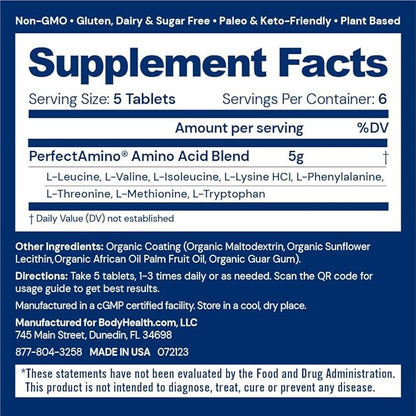 BodyHealth PerfectAmino Easy to Swallow Tablets, Essential Amino Acids Supplement with BCAAs, Vegan Protein for Pre/Post Workout & Muscle Recovery with Lysine, Tryptophan, Leucine (36 Servings)