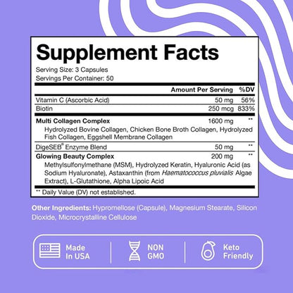 Vital Vitamins Multi Collagen Plus - Biotin, Hyaluronic Acid, Vitamin C - Multi Collagen Complex for Women & Men - Hair Growth Support Supplement - Skin, Nails Beauty Complex - 150 Pills