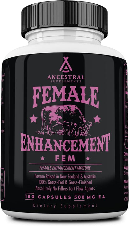 Ancestral Supplements Grass Fed FEM Liver Supplement for Women with Collagen, CoQ10, Vitamin B12, Joint Support Bone Marrow Capsules for Energy, Immunity, Pasture Raised, NonGMO, 500mg Each, 180 Count