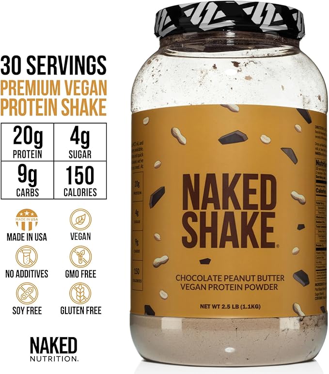 Naked Shake - Chocolate Peanut Butter Protein Powder - Vegan Protein Powder from US & Canadian Farms with MCT Oil, Gluten-Free, Soy-Free, No GMOs or Artificial Sweeteners - 30 Servings