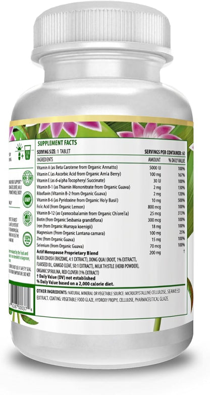 Actif Menopause Advanced Support with 20+ Organic Vitamins and Herbs - Relieves Hot Flashes, Night Sweats - Non GMO, Fast Acting, Made in USA, 60 Count