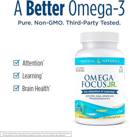 Nordic Naturals Omega Focus Jr., Lemon - 120 Mini Soft Gels - 900 mg Total Omega-3s with EPA, DHA, DMAE & Phosphatidylserine - Attention, Learning - Non-GMO - 30 Servings