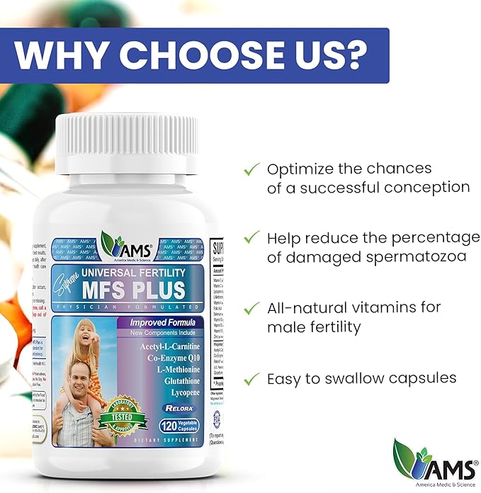 America Medic & Science MFS Plus Fertility Supplements for Men (120 Capsules) Sperm Count Booster, Supports Motility | Natural Preconception Vitamins, Reproductive Aid, with Zinc, CoQ10