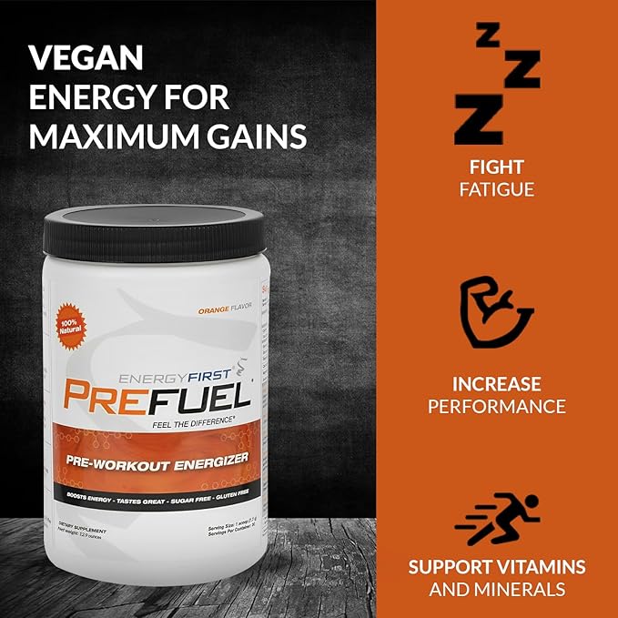 EnergyFirst Prefuel Vegan Pre-Workout Powder | Zero Sugar, All-Natural Energizer with Immune Support | Orange Flavor, 30 Servings for Maximum Workout Performance