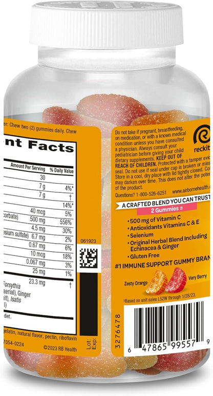 Airborne KIDS 500mg Vitamin C Gummies, Kids Immune Support Zinc Gummies With Powerful Antioxidants Vit C & E - 63 , Assorted Fruit Flavor