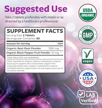 USDA Organic Beet Root Powder (120 Tablets) 1350mg Beets Per Serving with Black Pepper for Extra Absorption - Super Antioxidant and Nitrate Supplement for Athletic Performance and Stamina- No Capsules
