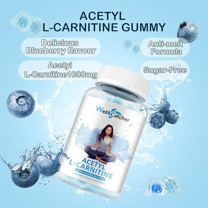 Acetyl L-Carnitine Gummies 1000 MG - Sugar Free L-Carnitine Supplement for Muscular Endurance, Brain Health, Energy Metabolism - Vegan Non-GMO - Blueberry Flavoured - 60 Counts