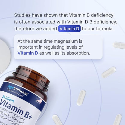 Vitamin B Complex - 60 Capsules with Vitamins B6 20mg D3 1000IU Magnesium Bisglycinate 260mg Methyl B12 1000mcg and Folate as Methylfolate 600mcg DFE. Doctor Formulated MTHFR Support Supplement.